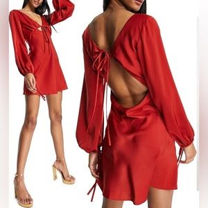 ASOS Satin Minidress V-neck Tie Front Open Blouson Long Balloon Sleeves Sz 10